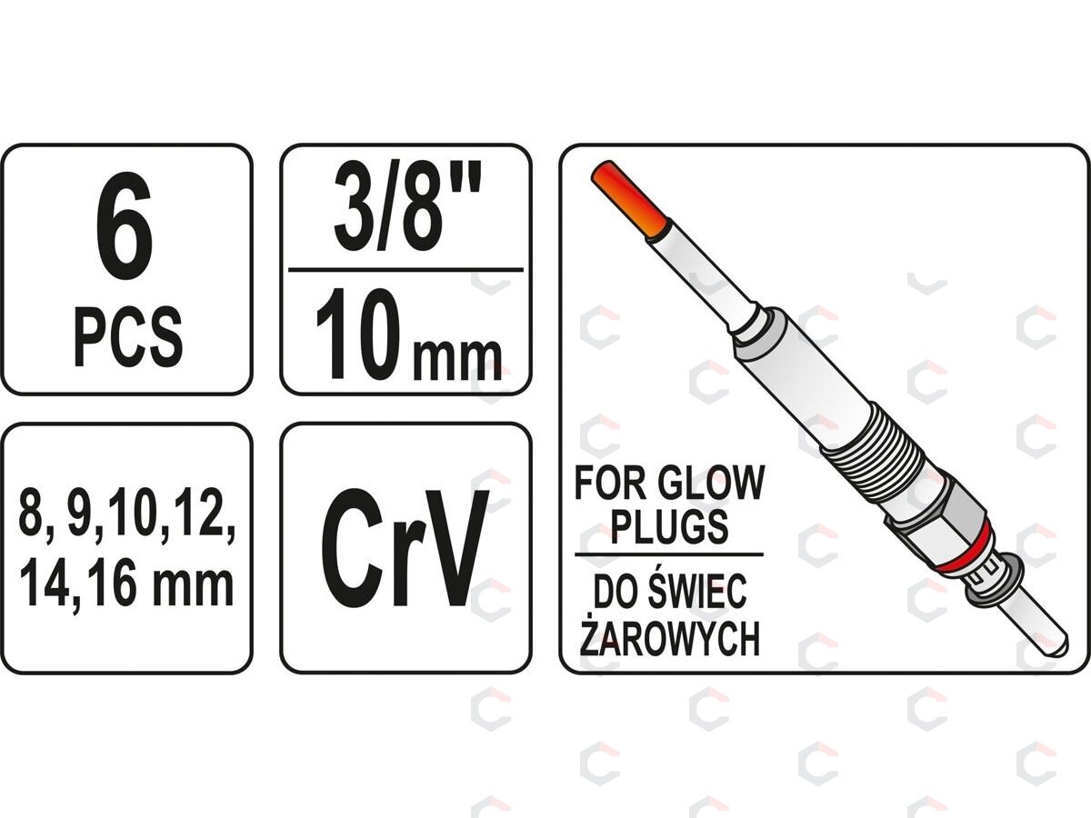 Galvutės kaitinimo žvakėms | šarnyrinės | 10 mm (3/8") | 8–16 mm | 6 vnt. (YT-05339) 4