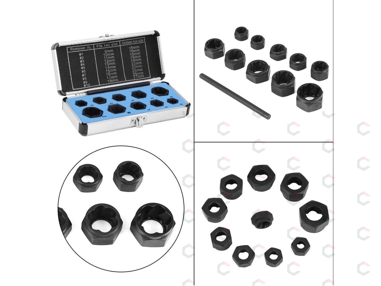 Galvučių rinkinys sugadintiems varžtams | 9-19 mm | 10 vnt (FT001003) Galvučių rinkinys sugadintiems varžtams | 9-19 mm | 10 vnt (FT001003)