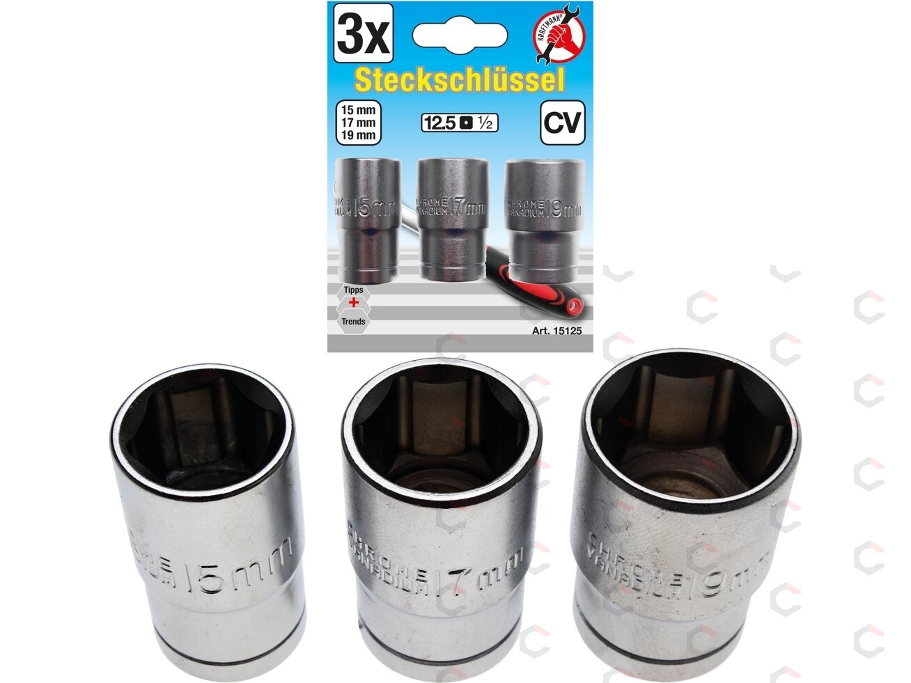 Galvučių rinkinys | 12,5 mm (1/2") | 15 - 17 - 19 mm | 3 vnt. (15125) Galvučių rinkinys | 12,5 mm (1/2") | 15 - 17 - 19 mm | 3 vnt. (15125)