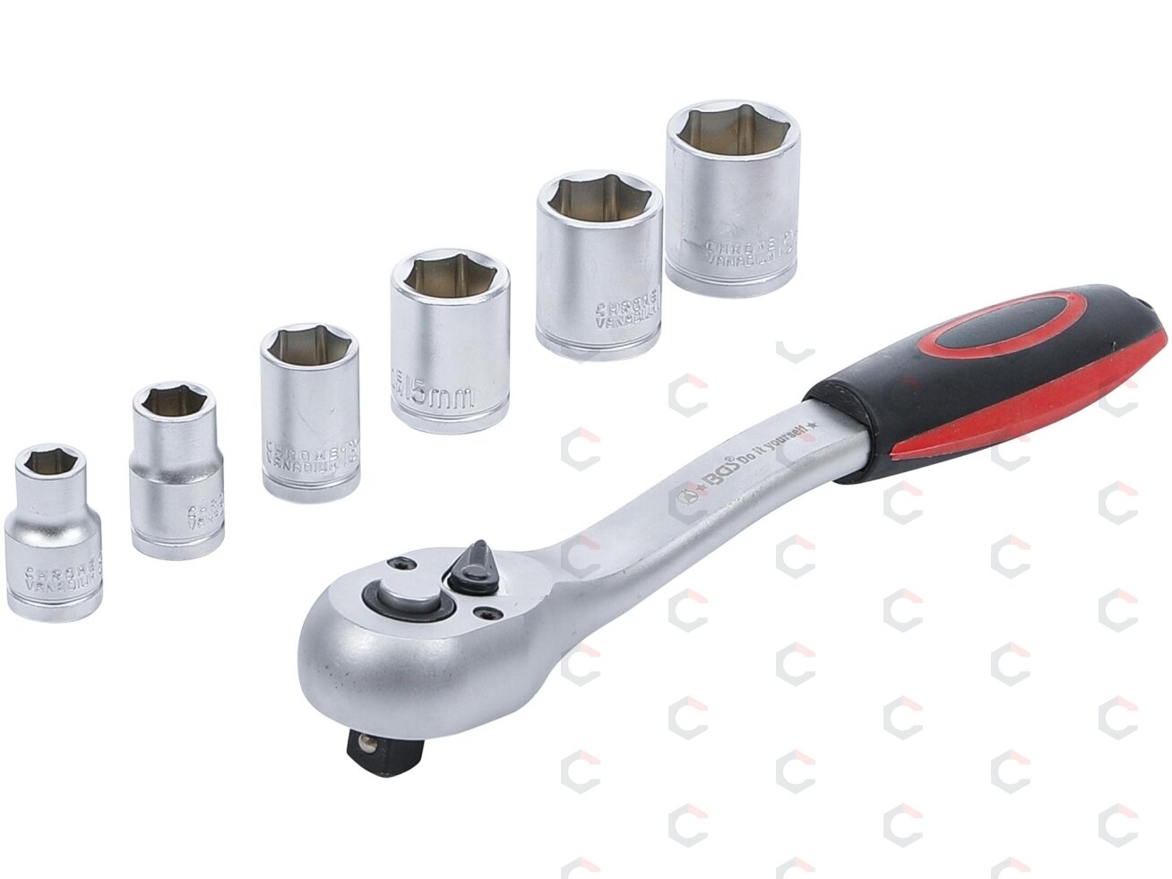 Galvučių rinkinys su terkšle | 10 mm (3/8") | 8-19 mm | 7 vnt. (15112) 1 Galvučių rinkinys su terkšle | 10 mm (3/8") | 8-19 mm | 7 vnt. (15112) 1