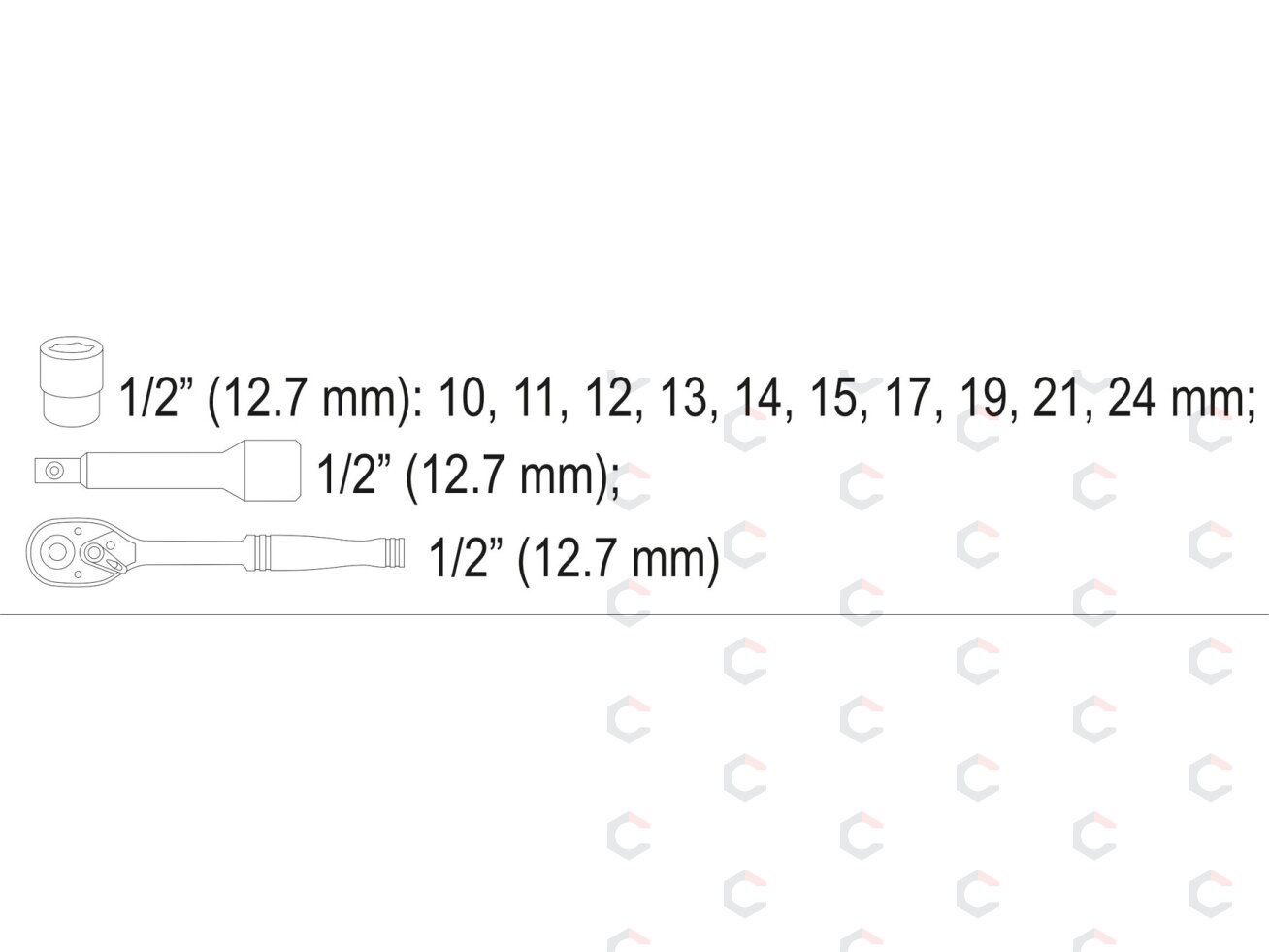 Galvučių rinkinys su terkšle | 12,5 mm (1/2") | 10-24 mm | 12 vnt. (58633) 2