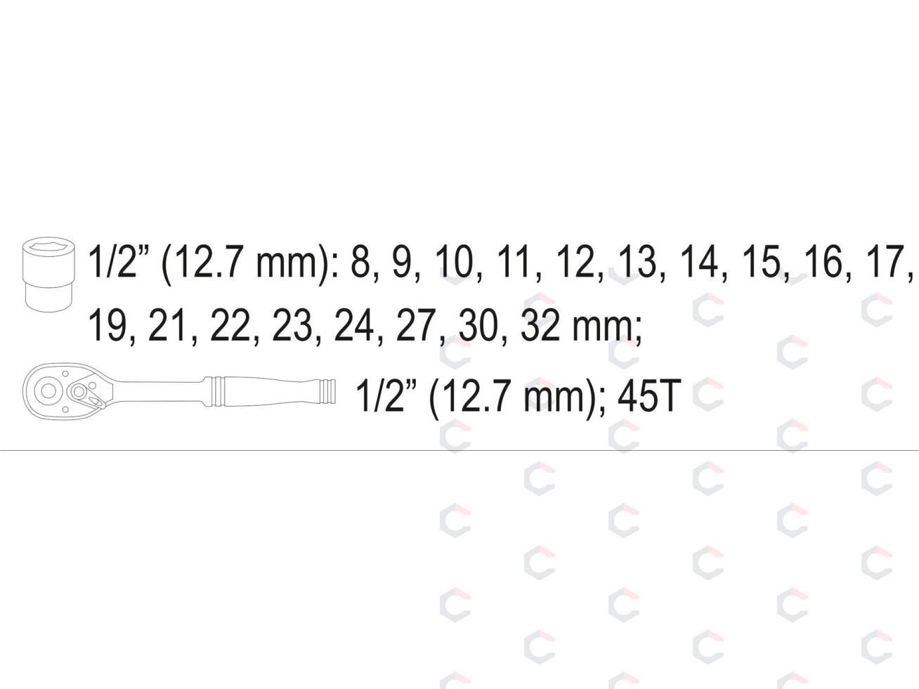 Galvučių rinkinys su terkšle | 12,5 mm (1/2") | 8-32 mm | 19 vnt. (58634) 3 Galvučių rinkinys su terkšle | 12,5 mm (1/2") | 8-32 mm | 19 vnt. (58634) 3
