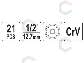 Galvučių rinkinys, 12 kampų | 12,5 mm (1/2") | 8 - 36 mm | 21 vnt (YT-12630) 4