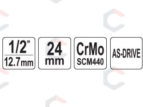 Galvutė smūginė šešiakampė | 12,5 mm (1/2") | 24 mm (YT-1014) 1 Galvutė smūginė šešiakampė | 12,5 mm (1/2") | 24 mm (YT-1014) 1