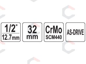 Galvutė smūginė šešiakampė | 12,5 mm (1/2") | 32 mm (YT-1022) 1 Galvutė smūginė šešiakampė | 12,5 mm (1/2") | 32 mm (YT-1022) 1