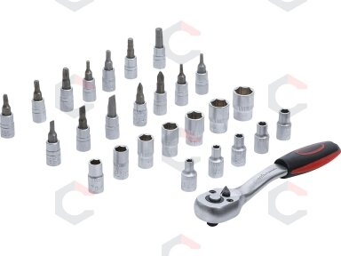 Galvučių ir antgalių rinkinys su terkšle | 6.3 mm (1/4") | 4-13 mm | 27 vnt. (15105) Galvučių ir antgalių rinkinys su terkšle | 6.3 mm (1/4") | 4-13 mm | 27 vnt. (15105)