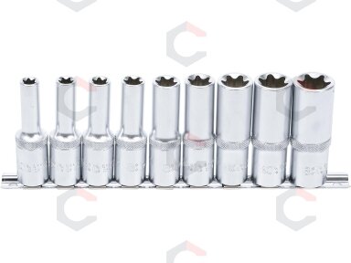Galvučių rinkinys E-Tipas | Ilgos | 12,5 mm (1/2") | E10 - E24 | 9 vnt. (2026) Galvučių rinkinys E-Tipas | Ilgos | 12,5 mm (1/2") | E10 - E24 | 9 vnt. (2026)