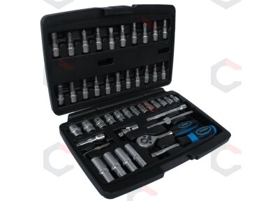 Galvučių su terkšle rinkinys 1/4", 48vnt. (KR141048) Galvučių su terkšle rinkinys 1/4", 48vnt. (KR141048)
