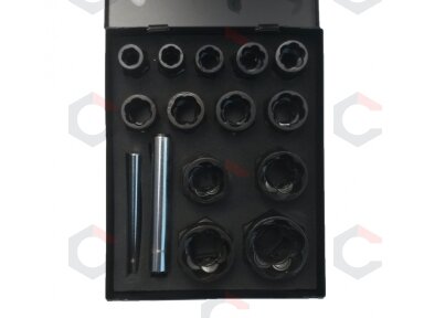 Galvučių sugadintiems varžtams komplektas metal. dėž. 3/8"+1/2"| 15 vnt. (2408E) Galvučių sugadintiems varžtams komplektas metal. dėž. 3/8"+1/2"| 15 vnt. (2408E)