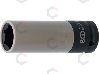 Galvutė smūginė ilga plonasienė | su plastikine apsauga | 12,5 mm (1/2") | 18.5 mm (74558) Galvutė smūginė ilga plonasienė | su plastikine apsauga | 12,5 mm (1/2") | 18.5 mm (74558)
