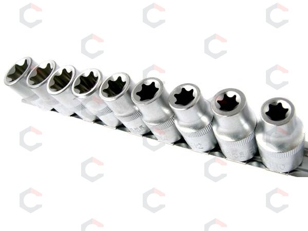 Galvučių rinkinys E-tipas | 12,5 mm (1/2") | E10 - E24 | 9 vnt. (KR121009) Galvučių rinkinys E-tipas | 12,5 mm (1/2") | E10 - E24 | 9 vnt. (KR121009)