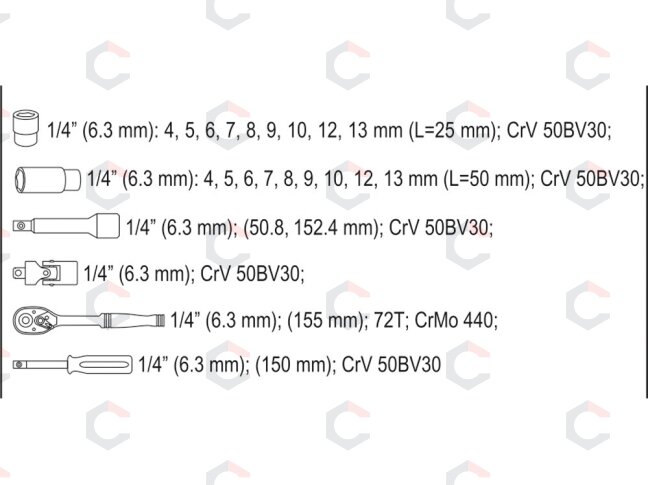 Galvučių su terkšle rinkinys | 6.3 mm (1/4") | 23 vnt. (YT-14451) 5 Galvučių su terkšle rinkinys | 6.3 mm (1/4") | 23 vnt. (YT-14451) 5