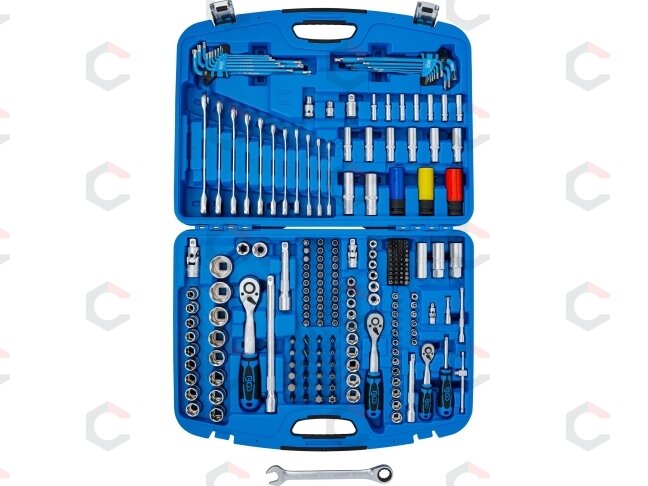 Galvučių ir raktų komplektas | terkšliniai veržliarakčiai | 6,3 mm (1/4") / 10 mm (3/8") / 12,5 mm (1/2") | 218 vnt. (8820) 6 Galvučių ir raktų komplektas | terkšliniai veržliarakčiai | 6,3 mm (1/4") / 10 mm (3/8") / 12,5 mm (1/2") | 218 vnt. (8820) 6