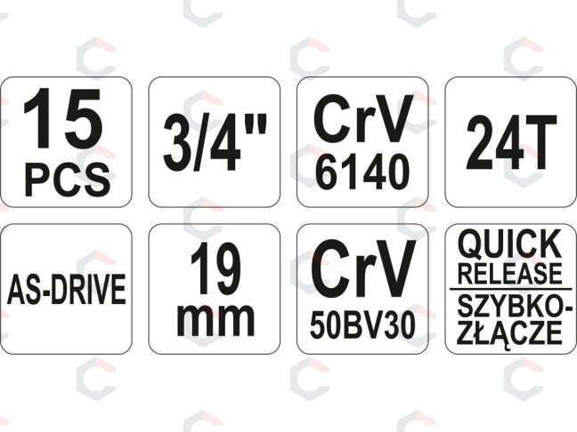 Galvučių komplektas 6 kampų | 30-60 mm | metalinė dėžė | 20 mm (3/4") | 15 vnt. (YT-1334) 3 Galvučių komplektas 6 kampų | 30-60 mm | metalinė dėžė | 20 mm (3/4") | 15 vnt. (YT-1334) 3