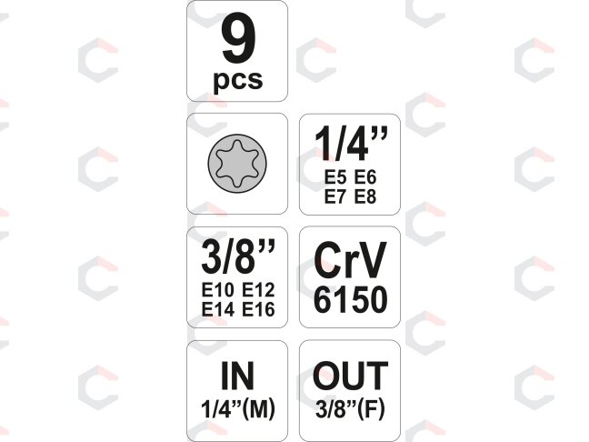 Galvučių rinkinys E-Tipas | 6.3 mm (1/4") / 10 mm (3/8") | E5 - E16 | 9 vnt. (YT-0520) 3 Galvučių rinkinys E-Tipas | 6.3 mm (1/4") / 10 mm (3/8") | E5 - E16 | 9 vnt. (YT-0520) 3