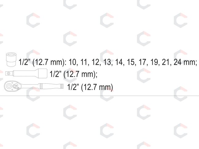 Galvučių rinkinys su terkšle | 12,5 mm (1/2") | 10-24 mm | 12 vnt. (58633) 2 Galvučių rinkinys su terkšle | 12,5 mm (1/2") | 10-24 mm | 12 vnt. (58633) 2