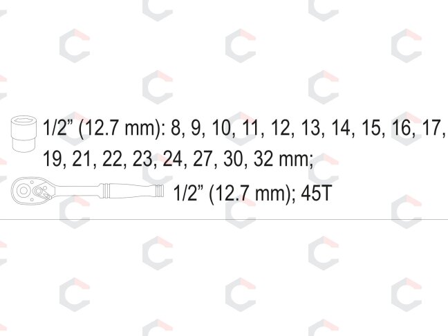 Galvučių rinkinys su terkšle | 12,5 mm (1/2") | 8-32 mm | 19 vnt. (58634) 3 Galvučių rinkinys su terkšle | 12,5 mm (1/2") | 8-32 mm | 19 vnt. (58634) 3