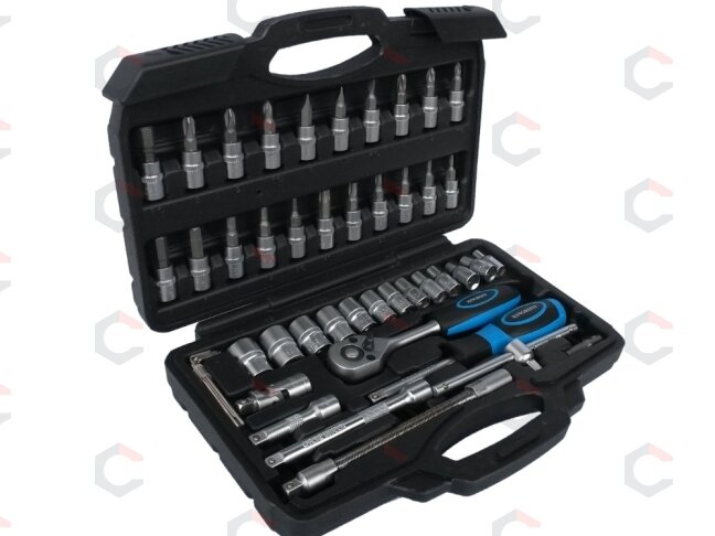 Galvučių su terkšle rinkinys 1/4", 46vnt. (KR141046) Galvučių su terkšle rinkinys 1/4", 46vnt. (KR141046)
