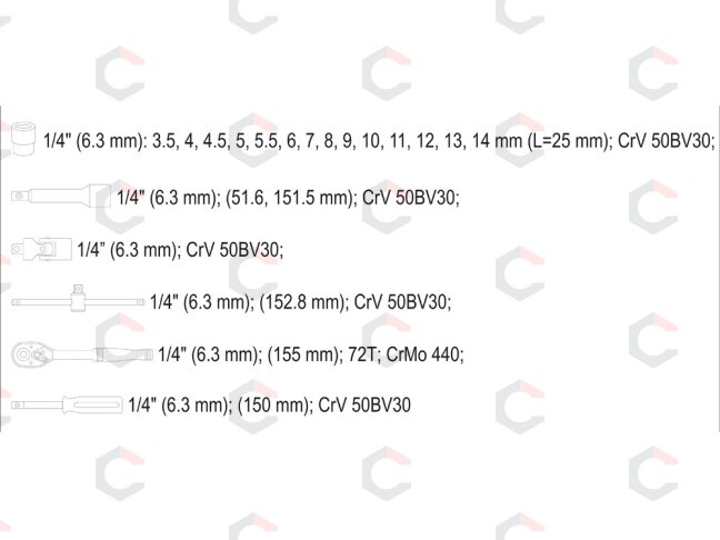 Galvučių su terkšle rinkinys | 6.3 mm (1/4") | 20 vnt. (YT-14491) 5 Galvučių su terkšle rinkinys | 6.3 mm (1/4") | 20 vnt. (YT-14491) 5