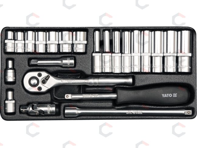 Galvučių su terkšle rinkinys | 6.3 mm (1/4") | 23 vnt. (YT-14421) Galvučių su terkšle rinkinys | 6.3 mm (1/4") | 23 vnt. (YT-14421)