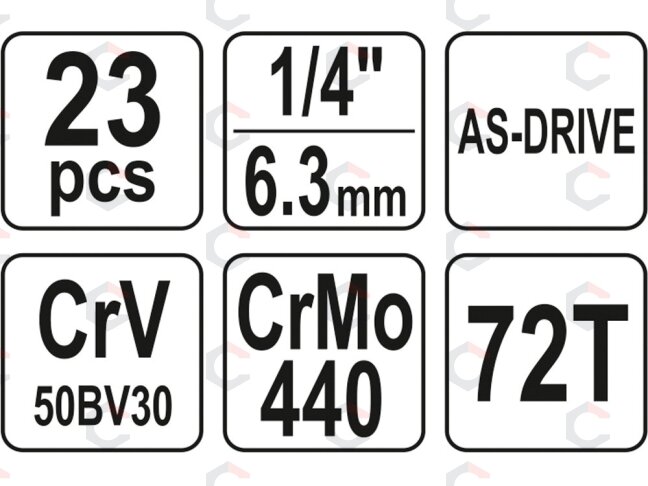 Galvučių su terkšle rinkinys | 6.3 mm (1/4") | 23 vnt. (YT-14451) 4 Galvučių su terkšle rinkinys | 6.3 mm (1/4") | 23 vnt. (YT-14451) 4
