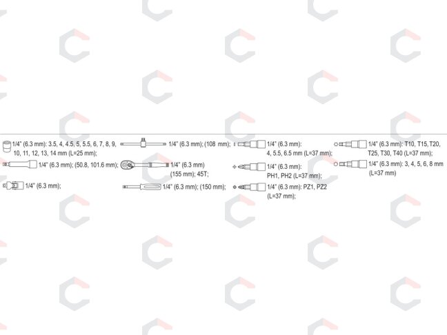 Galvučių ir terkšlės rinkinys | 1/4" (6,3 mm) | 38 dalių (58640) 4 Galvučių ir terkšlės rinkinys | 1/4" (6,3 mm) | 38 dalių (58640) 4