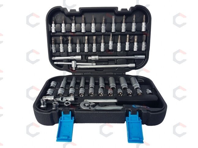 Galvučių su terkšle rinkinys | 6.3 mm (1/4") | 56 vnt. (KR141056) Galvučių su terkšle rinkinys | 6.3 mm (1/4") | 56 vnt. (KR141056)