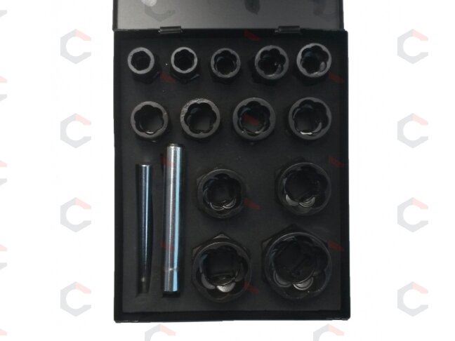 Galvučių sugadintiems varžtams komplektas metal. dėž. 3/8"+1/2"| 15 vnt. (2408E) 1 Galvučių sugadintiems varžtams komplektas metal. dėž. 3/8"+1/2"| 15 vnt. (2408E) 1