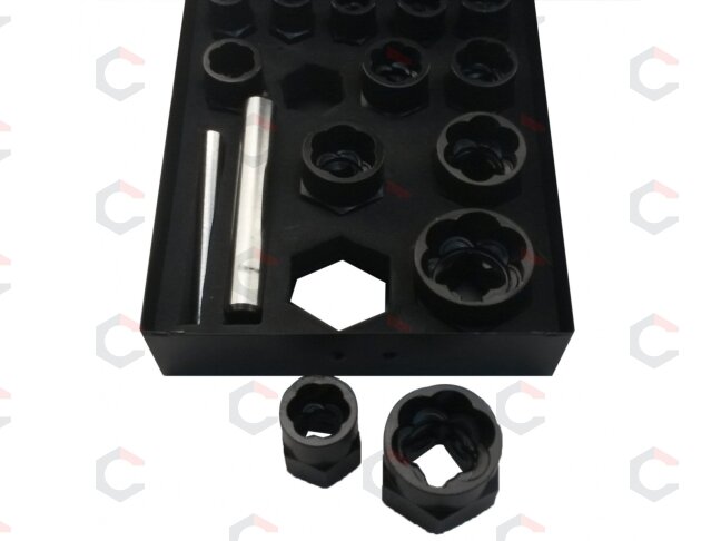 Galvučių sugadintiems varžtams komplektas metal. dėž. 3/8"+1/2"| 15 vnt. (2408E) 2 Galvučių sugadintiems varžtams komplektas metal. dėž. 3/8"+1/2"| 15 vnt. (2408E) 2