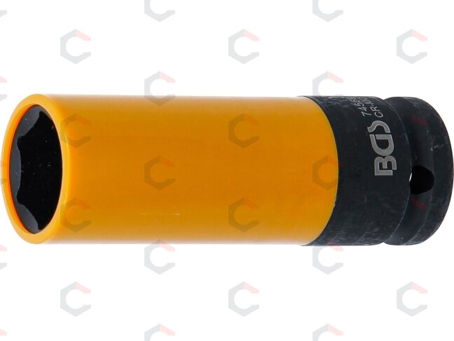 Galvutė smūginė ilga plonasienė | su plastikine apsauga | 12,5 mm (1/2") | 19.5 mm (74559) Galvutė smūginė ilga plonasienė | su plastikine apsauga | 12,5 mm (1/2") | 19.5 mm (74559)
