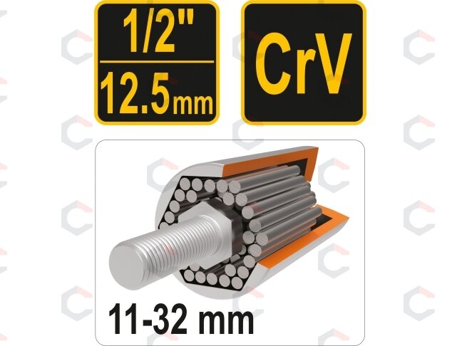 Galvutė universali ilga | 12,5 mm (1/2") | 11 - 32 mm (53003) 1 Galvutė universali ilga | 12,5 mm (1/2") | 11 - 32 mm (53003) 1