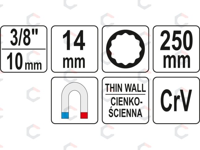 Galvutė žvakėms 12 kampų | ypač ilga | magnetinė | 10 mm (3/8") | 14 mm (YT-38521) 2 Galvutė žvakėms 12 kampų | ypač ilga | magnetinė | 10 mm (3/8") | 14 mm (YT-38521) 2