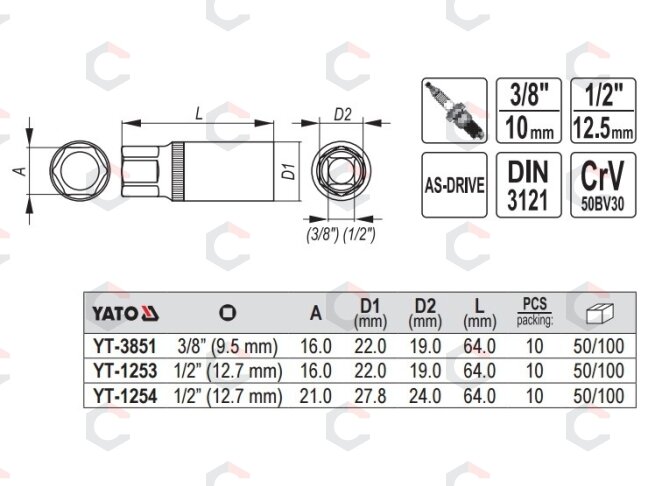 Galvutė žvakinė 1/2", 21mm (YT-1254) 1 Galvutė žvakinė 1/2", 21mm (YT-1254) 1
