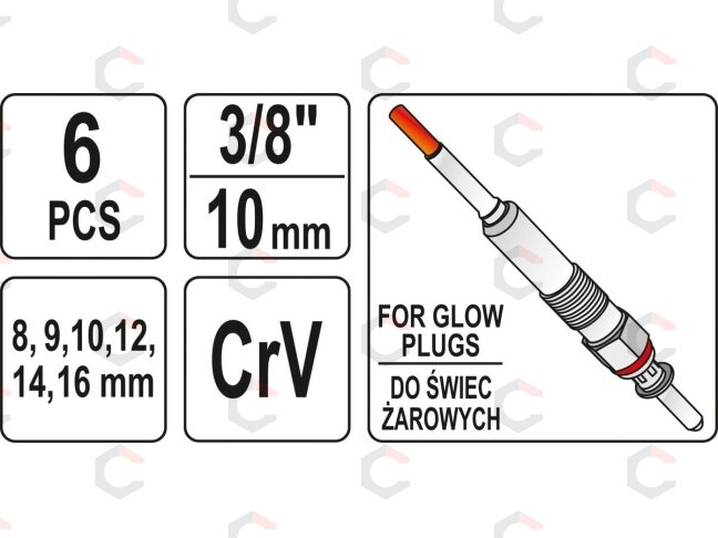 Galvutės kaitinimo žvakėms | šarnyrinės | 10 mm (3/8") | 8–16 mm | 6 vnt. (YT-05339) 4