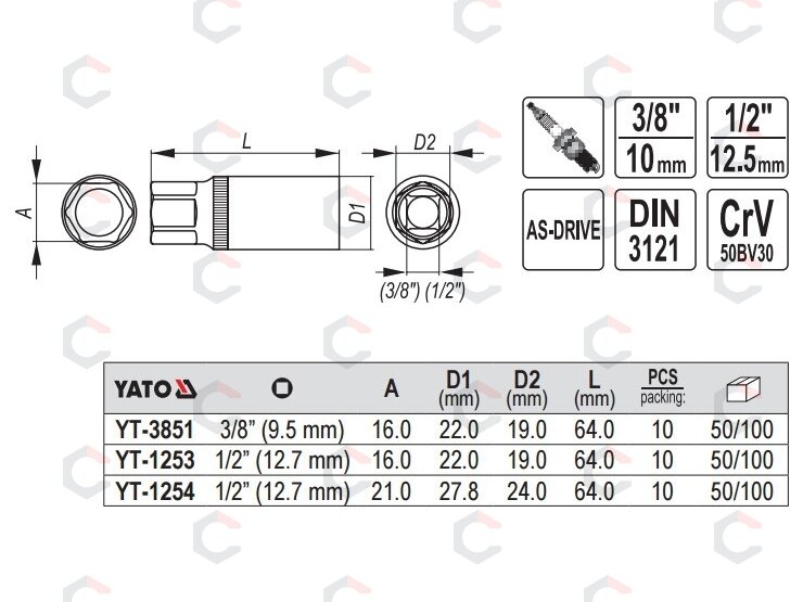 Galvutė žvakinė 1/2", 21mm (YT-1254) 1 Galvutė žvakinė 1/2", 21mm (YT-1254) 1
