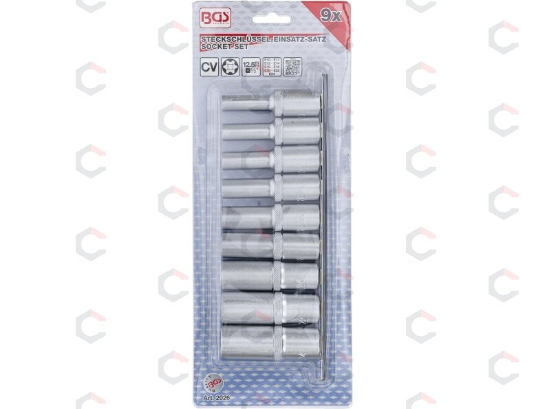 Galvučių rinkinys E-Tipas | Ilgos | 12,5 mm (1/2") | E10 - E24 | 9 vnt. (2026) 3 Galvučių rinkinys E-Tipas | Ilgos | 12,5 mm (1/2") | E10 - E24 | 9 vnt. (2026) 3
