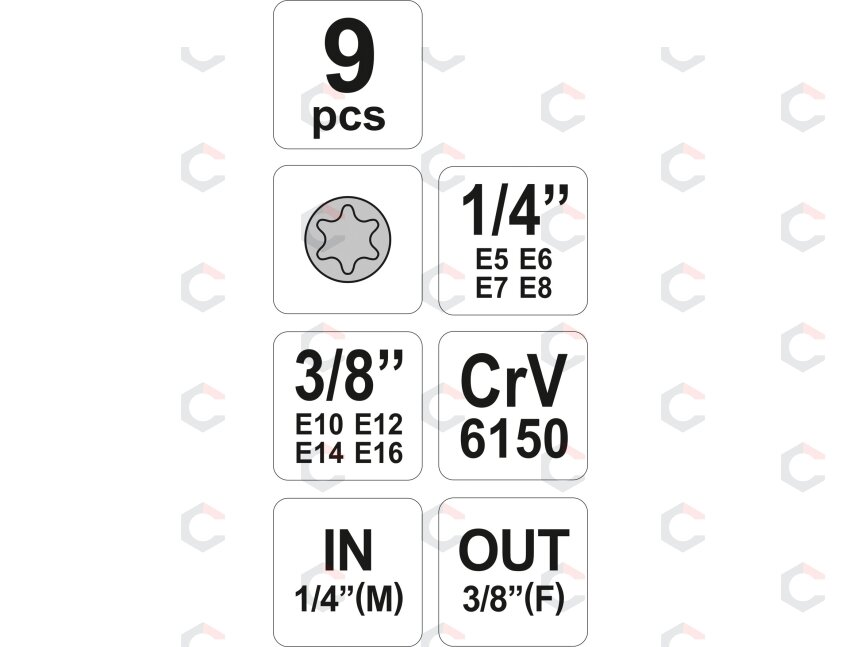 Galvučių rinkinys E-Tipas | 6.3 mm (1/4") / 10 mm (3/8") | E5 - E16 | 9 vnt. (YT-0520) 3