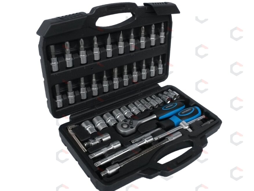 Galvučių su terkšle rinkinys 1/4", 46vnt. (KR141046) Galvučių su terkšle rinkinys 1/4", 46vnt. (KR141046)