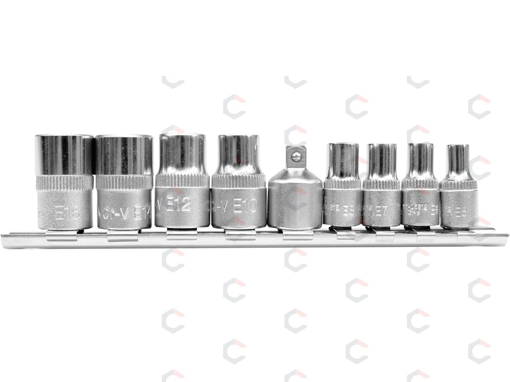 Galvučių rinkinys E-Tipas | 6.3 mm (1/4") / 10 mm (3/8") | E5 - E16 | 9 vnt. (YT-0520) 2 Galvučių rinkinys E-Tipas | 6.3 mm (1/4") / 10 mm (3/8") | E5 - E16 | 9 vnt. (YT-0520) 2