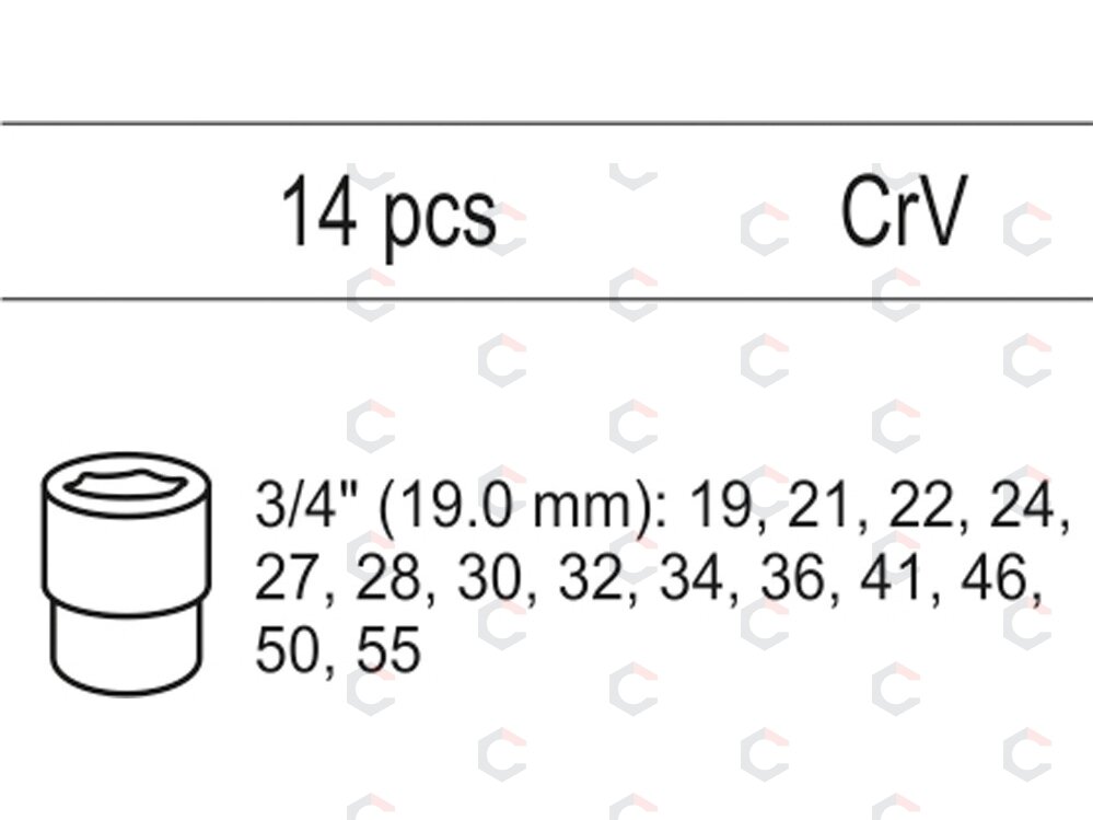 Galvučių rinkinys su dėklu | 20 mm (3/4") | 19 - 55 mm | 8 vnt. (YT-55457) 1 Galvučių rinkinys su dėklu | 20 mm (3/4") | 19 - 55 mm | 8 vnt. (YT-55457) 1