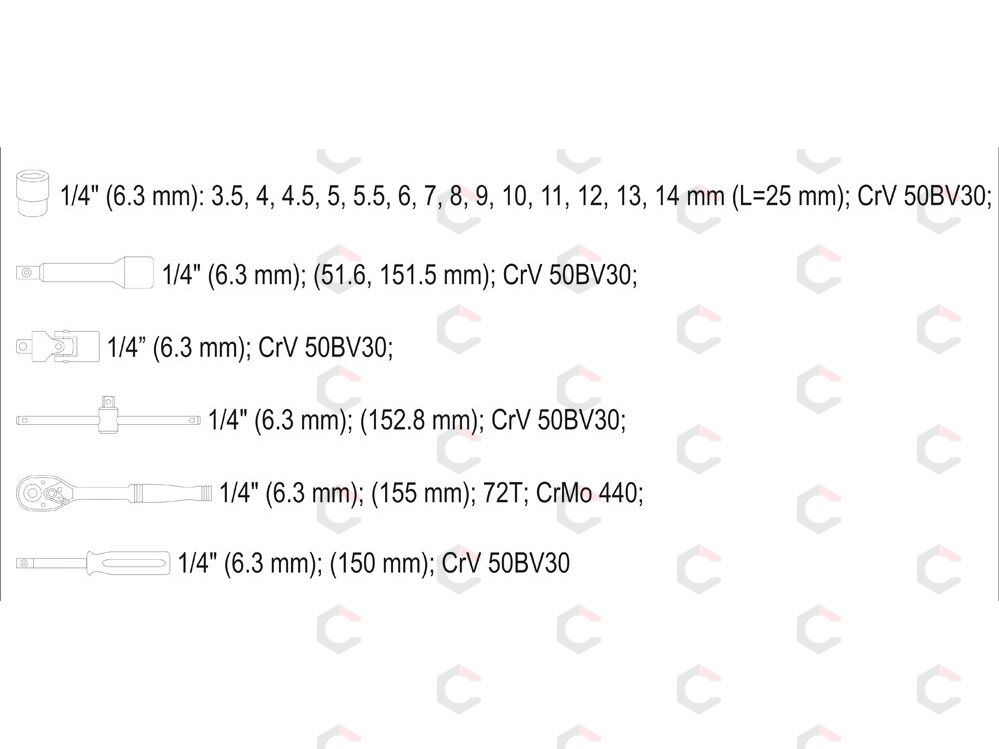 Galvučių su terkšle rinkinys | 6.3 mm (1/4") | 20 vnt. (YT-14491) 5