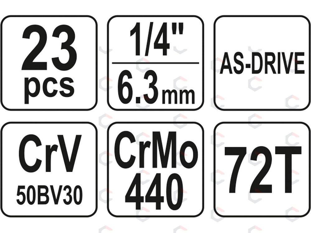 Galvučių su terkšle rinkinys | 6.3 mm (1/4") | 23 vnt. (YT-14451) 4 Galvučių su terkšle rinkinys | 6.3 mm (1/4") | 23 vnt. (YT-14451) 4