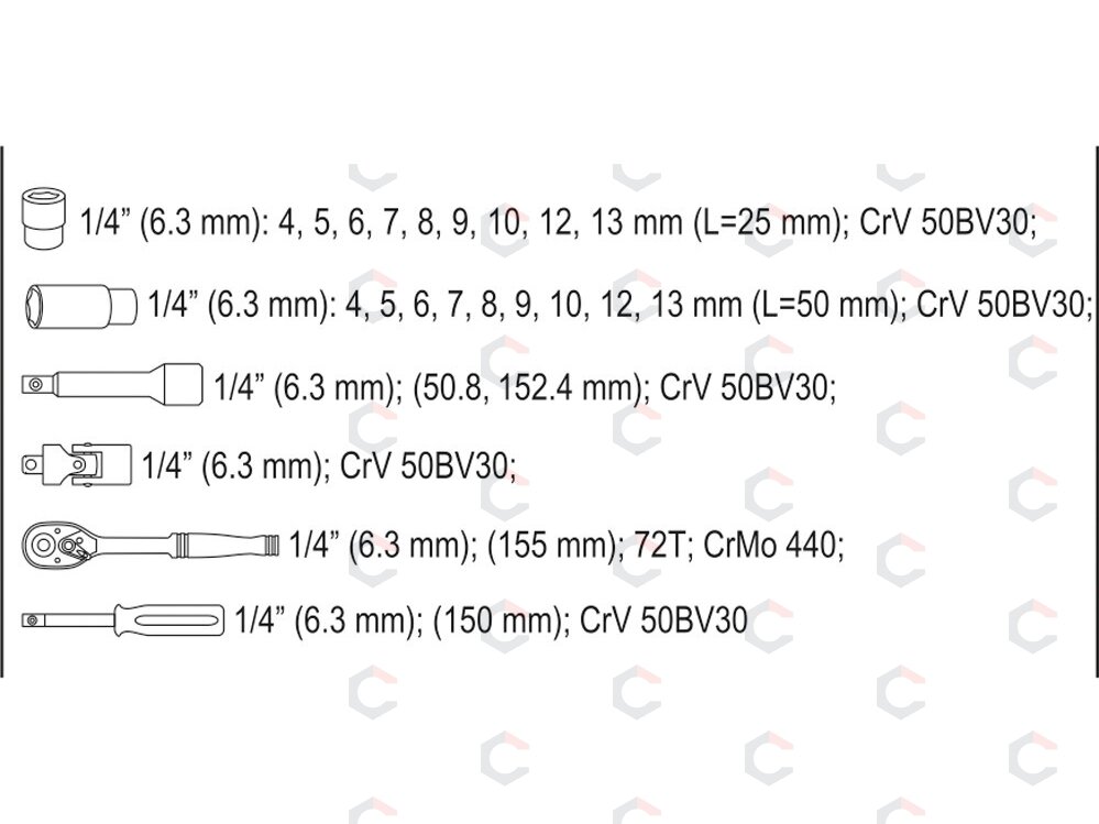Galvučių su terkšle rinkinys | 6.3 mm (1/4") | 23 vnt. (YT-14451) 5 Galvučių su terkšle rinkinys | 6.3 mm (1/4") | 23 vnt. (YT-14451) 5