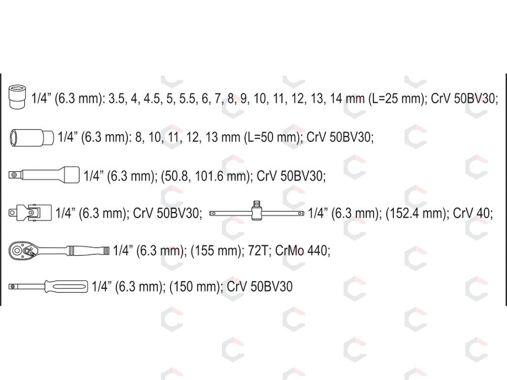 Galvučių su terkšle rinkinys | 6.3 mm (1/4") | 25 vnt. (YT-14461) 5 Galvučių su terkšle rinkinys | 6.3 mm (1/4") | 25 vnt. (YT-14461) 5