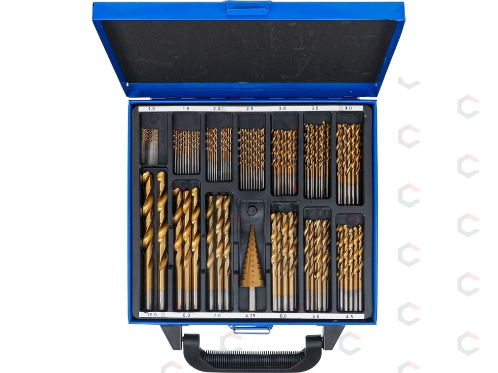 Grąžtų ir pakopinės frezos rinkinys | HSS | titano nitridas | 1 - 10 mm | 119 vnt. (2009) 3 Grąžtų ir pakopinės frezos rinkinys | HSS | titano nitridas | 1 - 10 mm | 119 vnt. (2009) 3