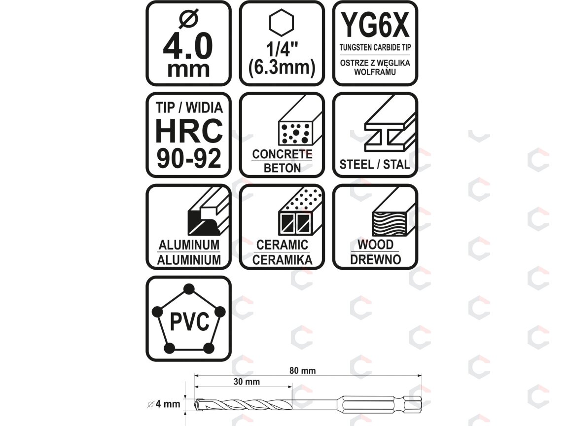 Grąžtas universalus su Hex 6.3 mm (1/4") galu | 4.0 mm (21682) 4 Grąžtas universalus su Hex 6.3 mm (1/4") galu | 4.0 mm (21682) 4