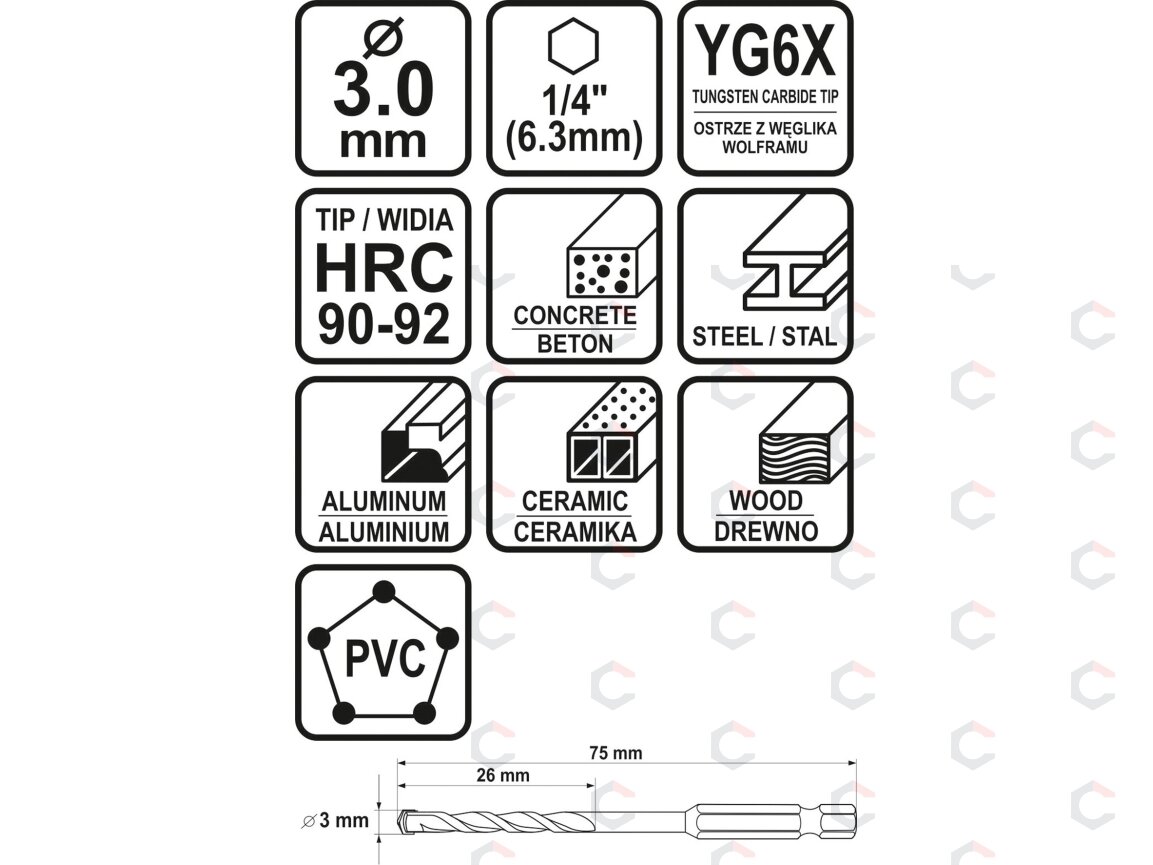 Grąžtas universalus su Hex 6.3 mm (1/4") galu | 3.0 mm (21680) 4 Grąžtas universalus su Hex 6.3 mm (1/4") galu | 3.0 mm (21680) 4