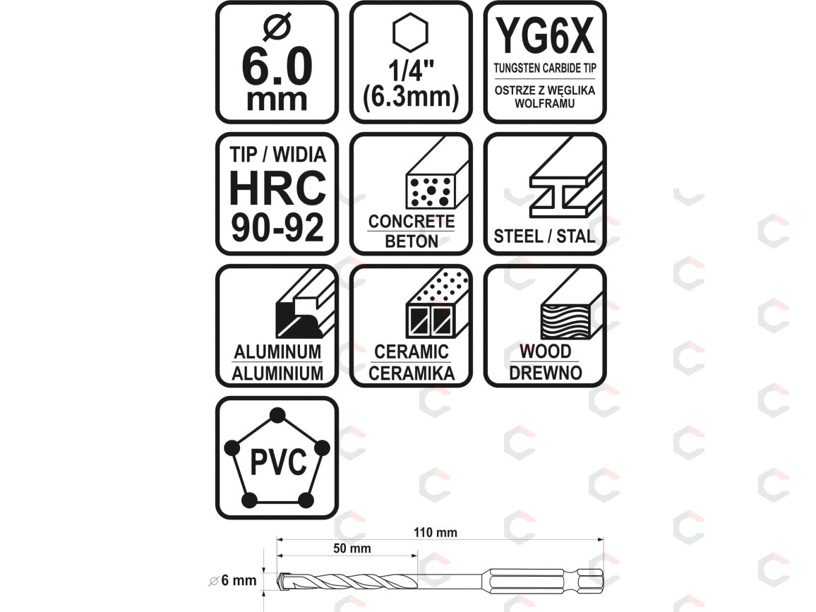 Grąžtas universalus su Hex 6.3 mm (1/4") galu | 6.0 mm (21686) 3 Grąžtas universalus su Hex 6.3 mm (1/4") galu | 6.0 mm (21686) 3