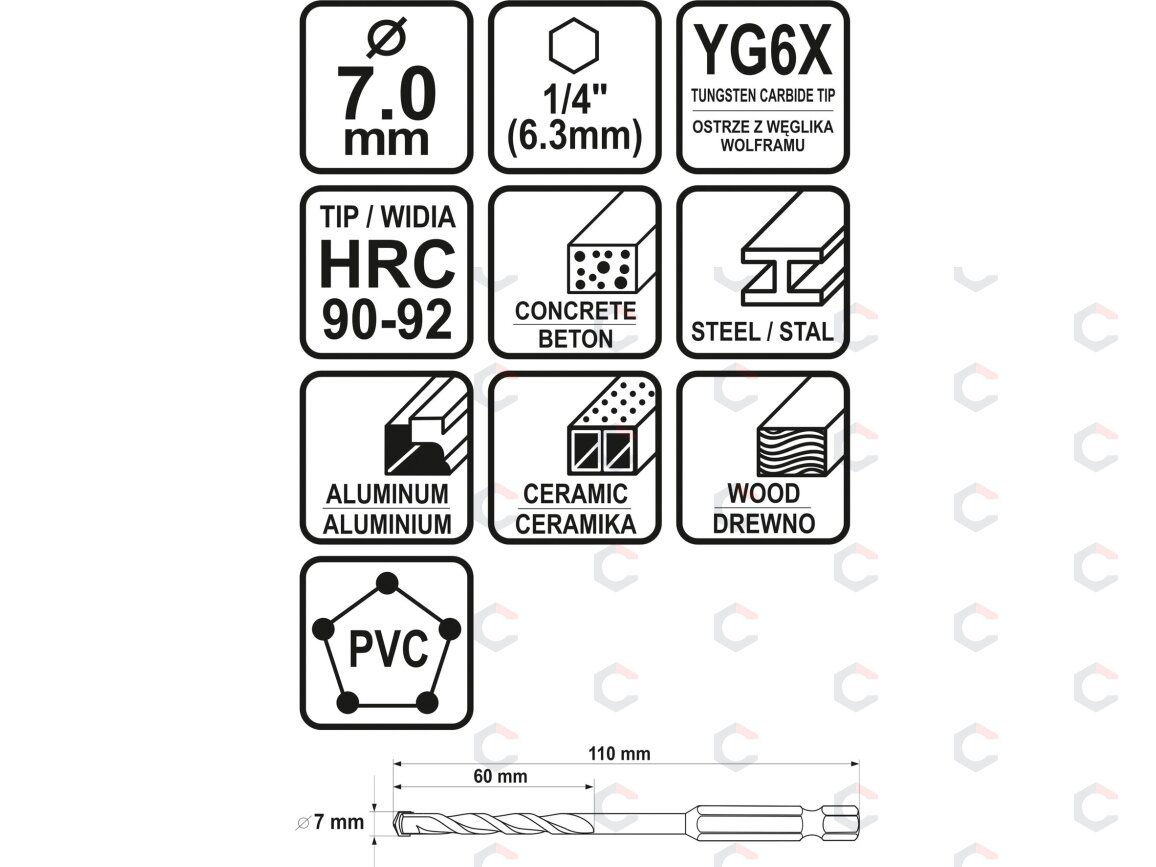 Grąžtas universalus su Hex 6.3 mm (1/4") galu | 7.0 mm (21688) 3 Grąžtas universalus su Hex 6.3 mm (1/4") galu | 7.0 mm (21688) 3