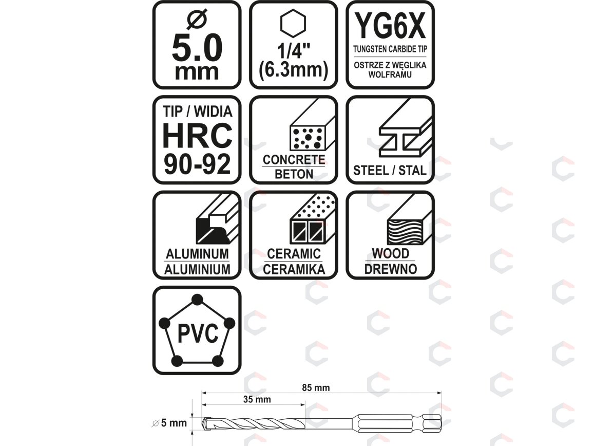 Grąžtas universalus su Hex 6.3 mm (1/4") galu | 5.0 mm (21684) 4 Grąžtas universalus su Hex 6.3 mm (1/4") galu | 5.0 mm (21684) 4